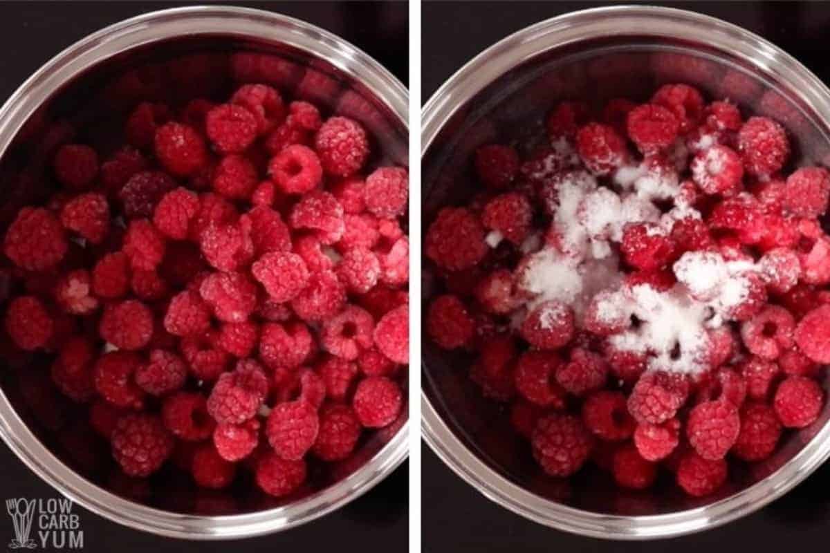 raspberries in pot for jam with sweetener