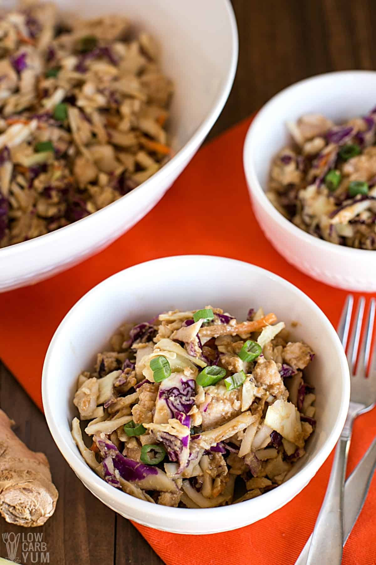 asian keto canned chicken salad recipe in white bowls