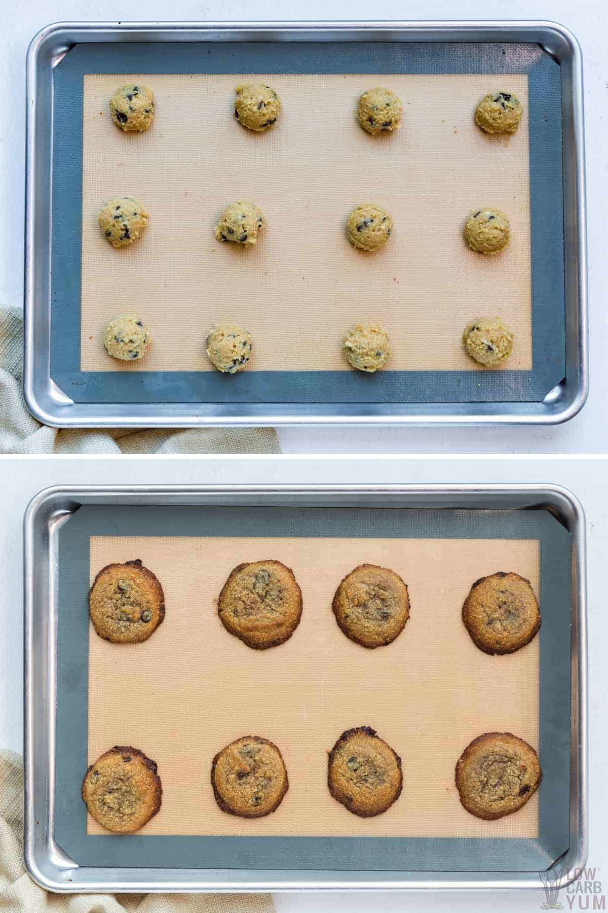 baking the cookie dough scoops on lined sheet pan