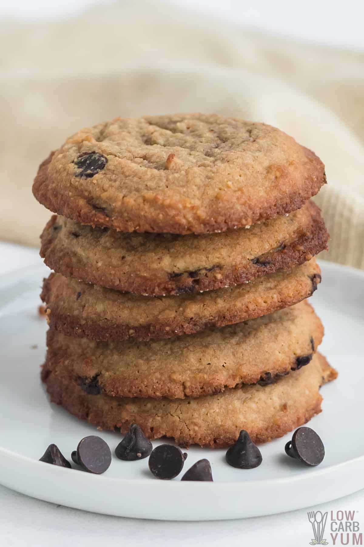 stack of chewy keto chocolate chip cookies on white plate