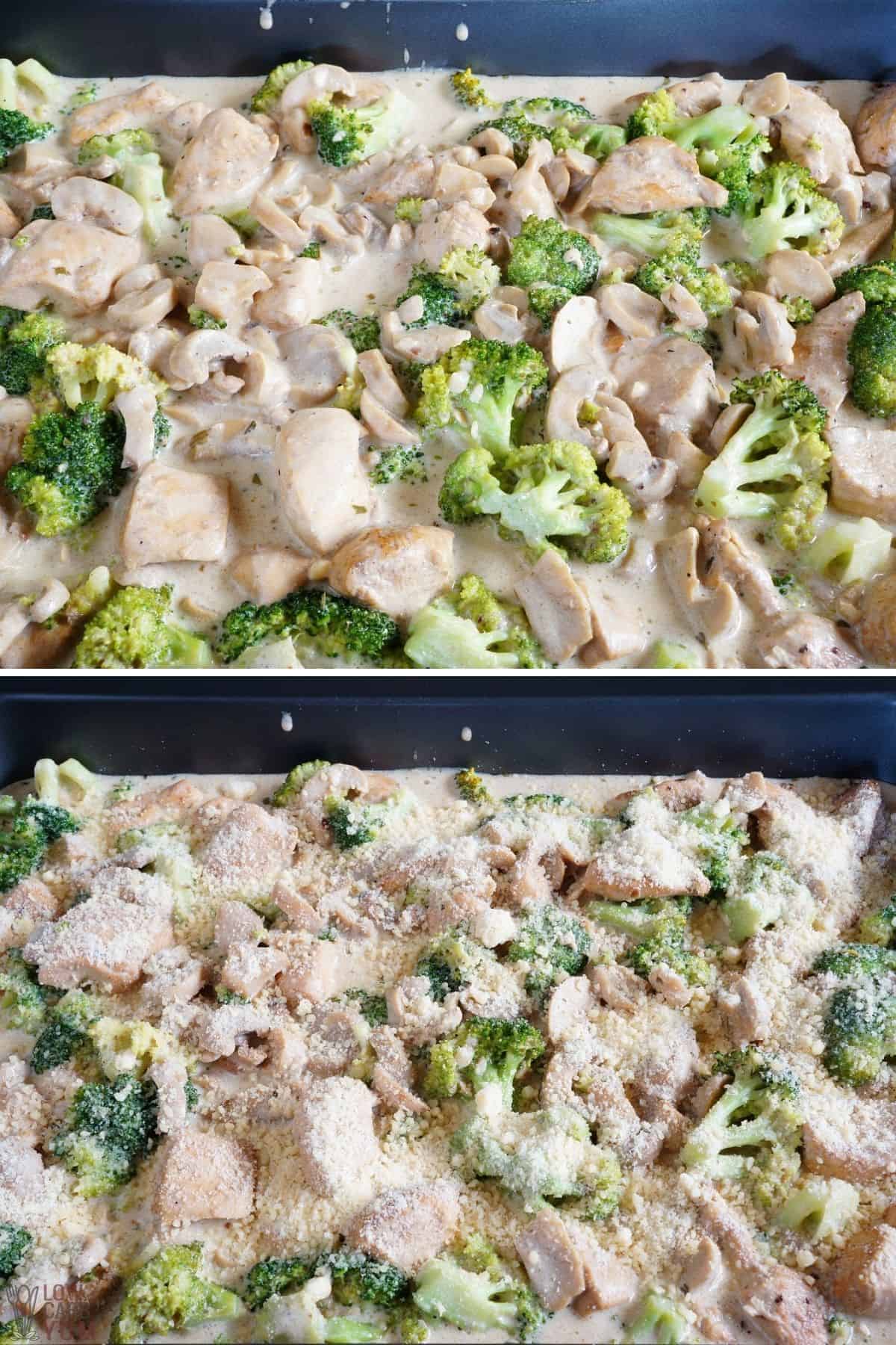 chicken broccoli casserole mixture in baking pan