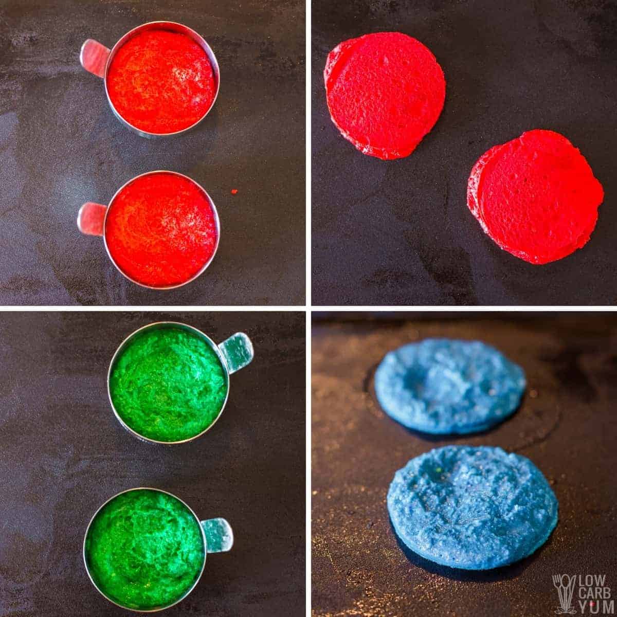 cooking the colored batter on griddle