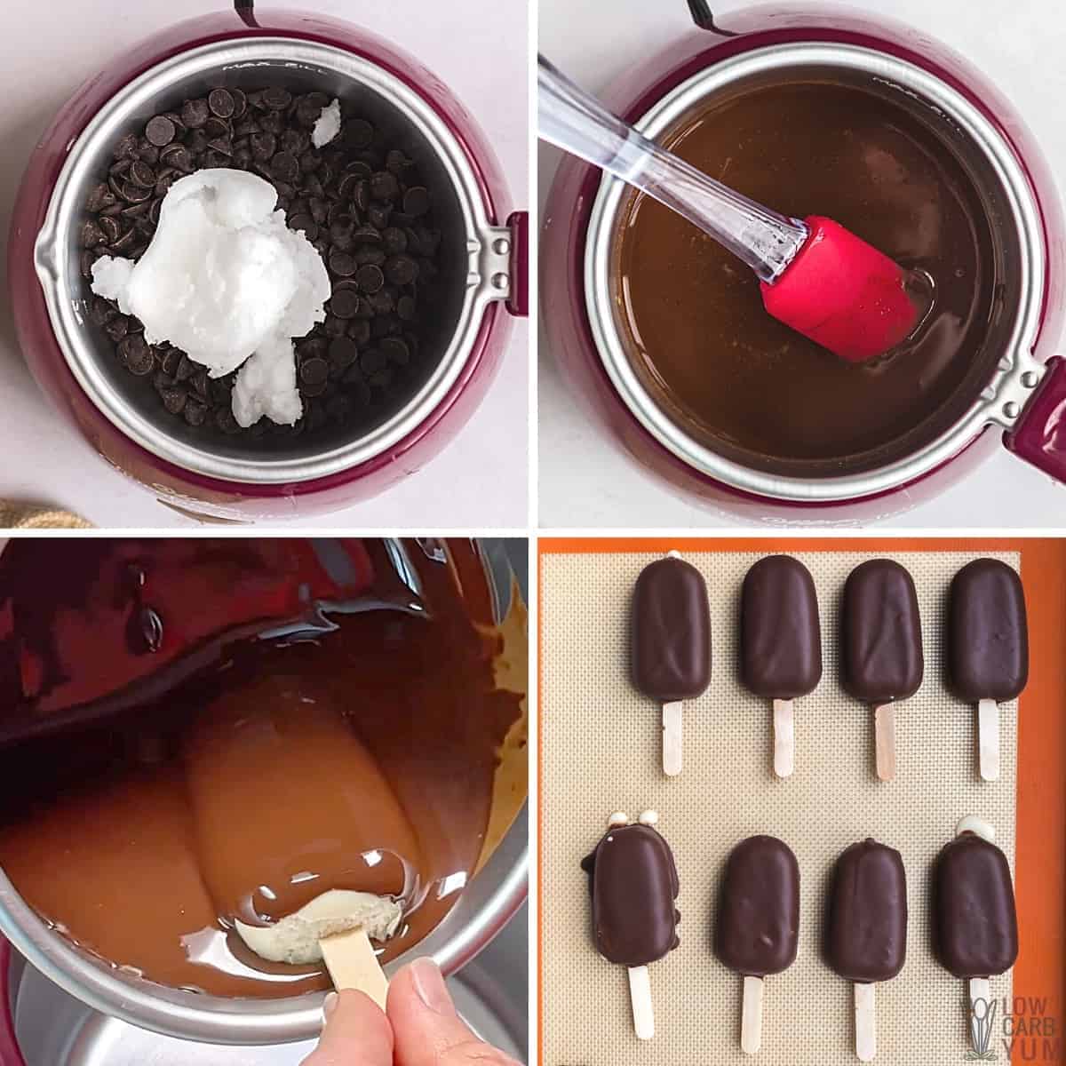 coating the ice cream bar with chocolate