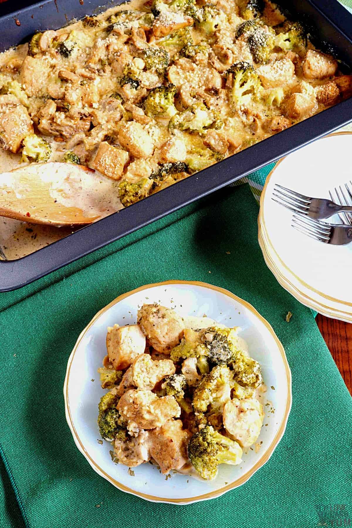 keto chicken broccoli casserole in baking pan and plate