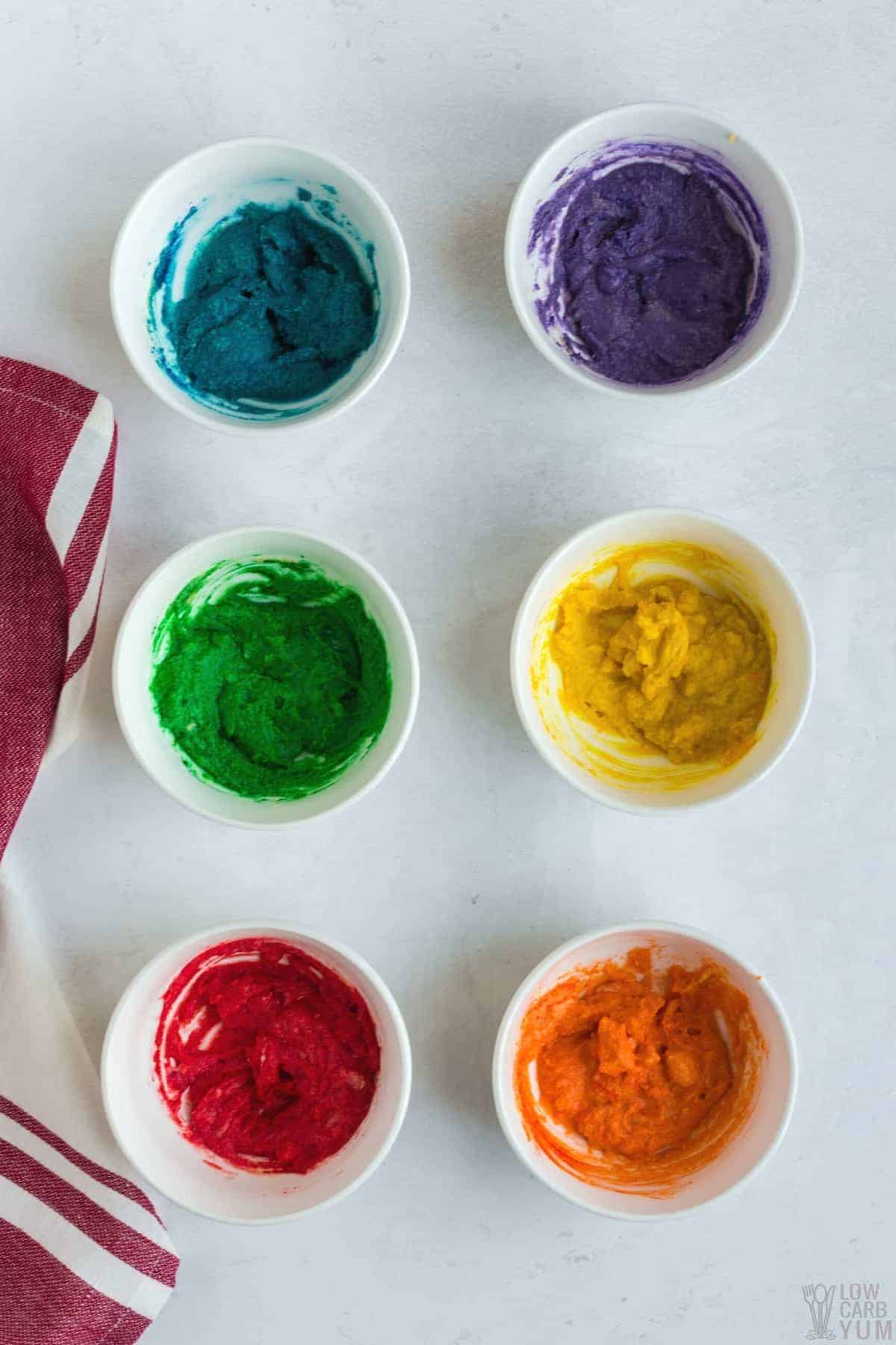 colored batter in bowls