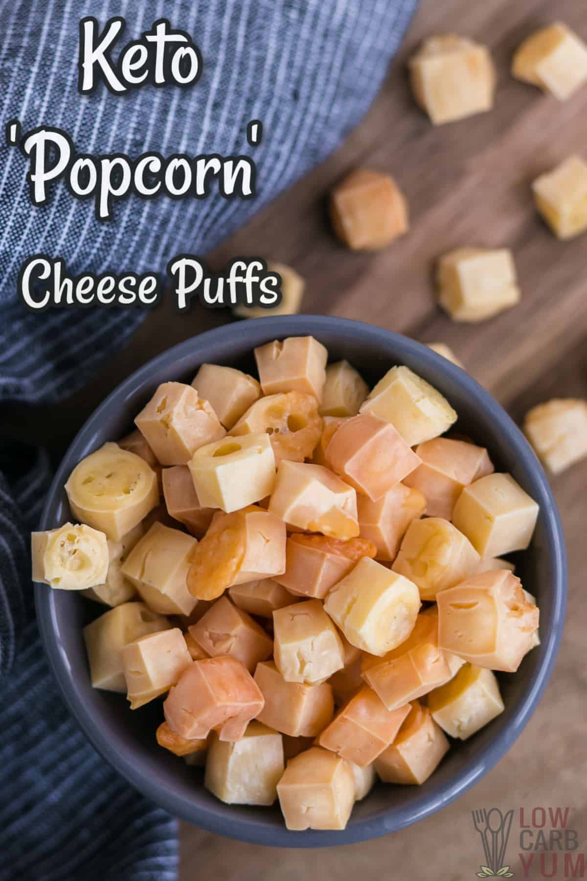 keto popcorn cheese puffs with text overlay.