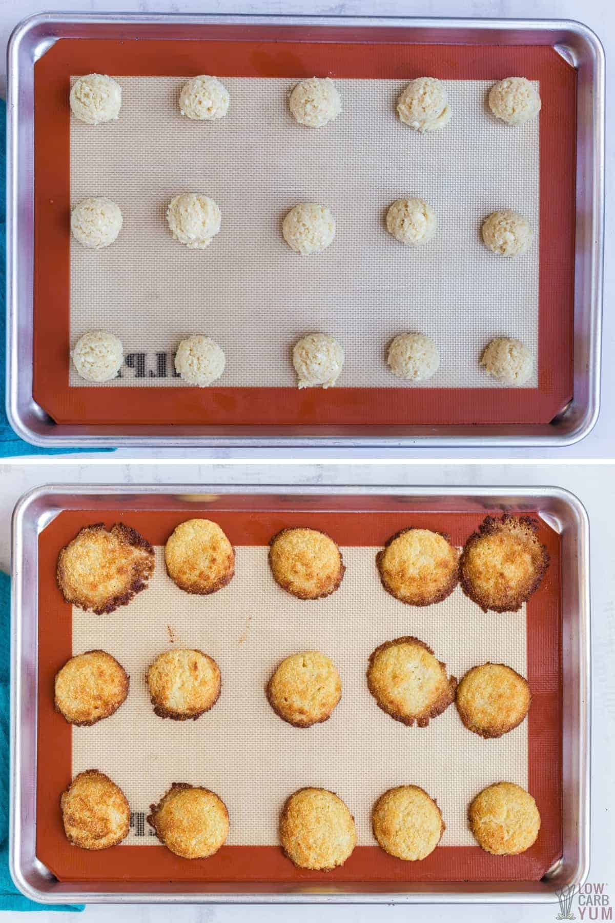 baking the cookie dough scoops on silicone lined baking sheet