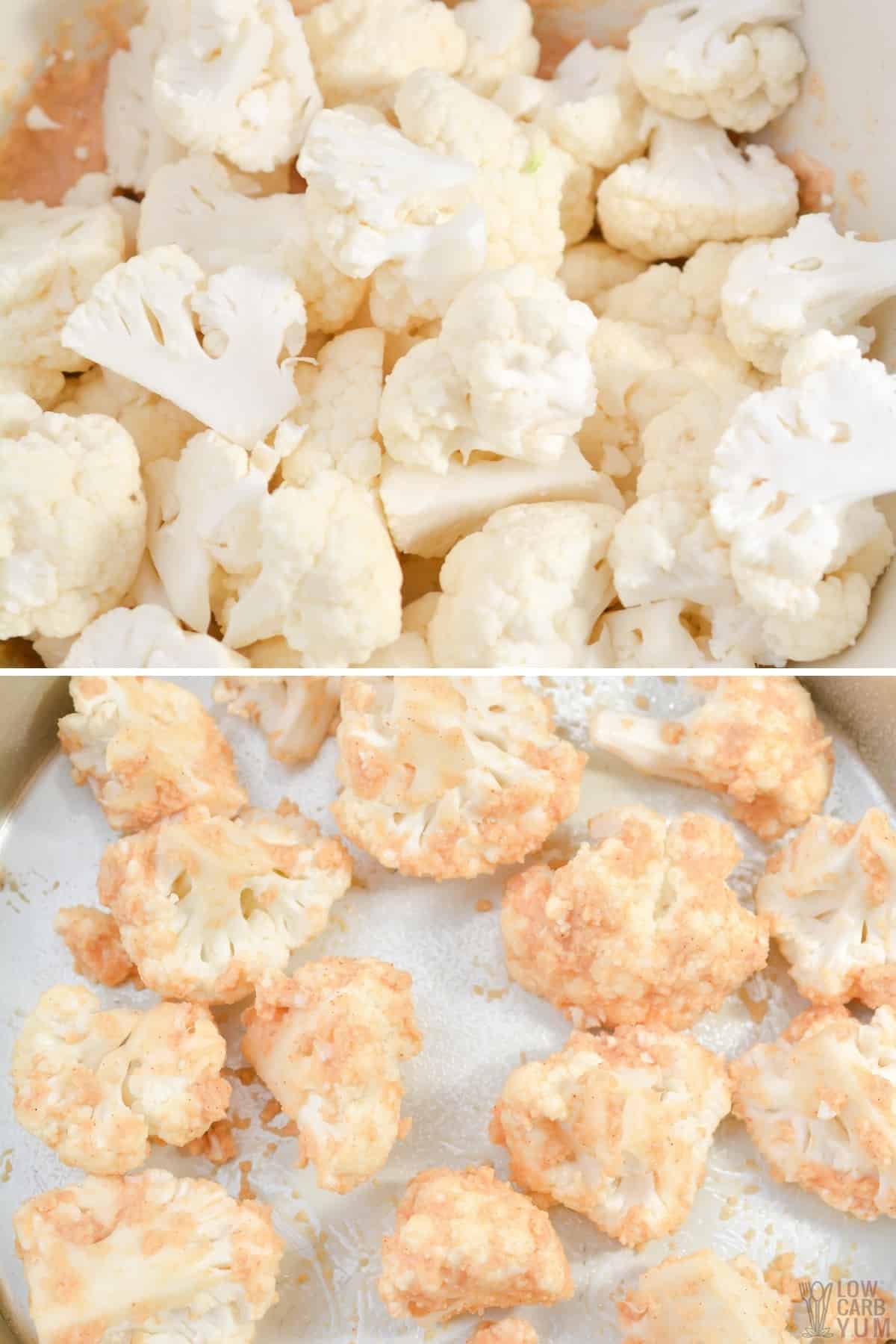 coating the cauliflower florets with batter