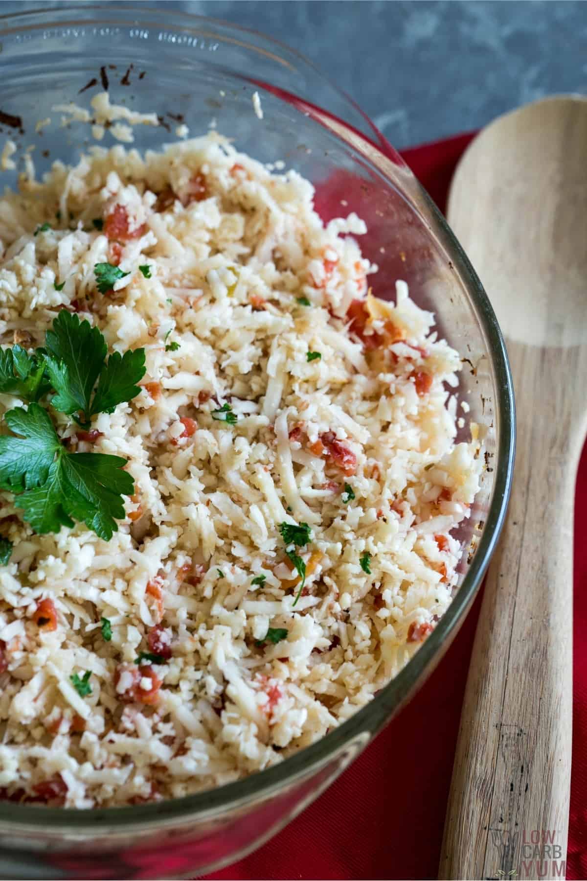 keto mexican cauliflower rice in glass baking dish