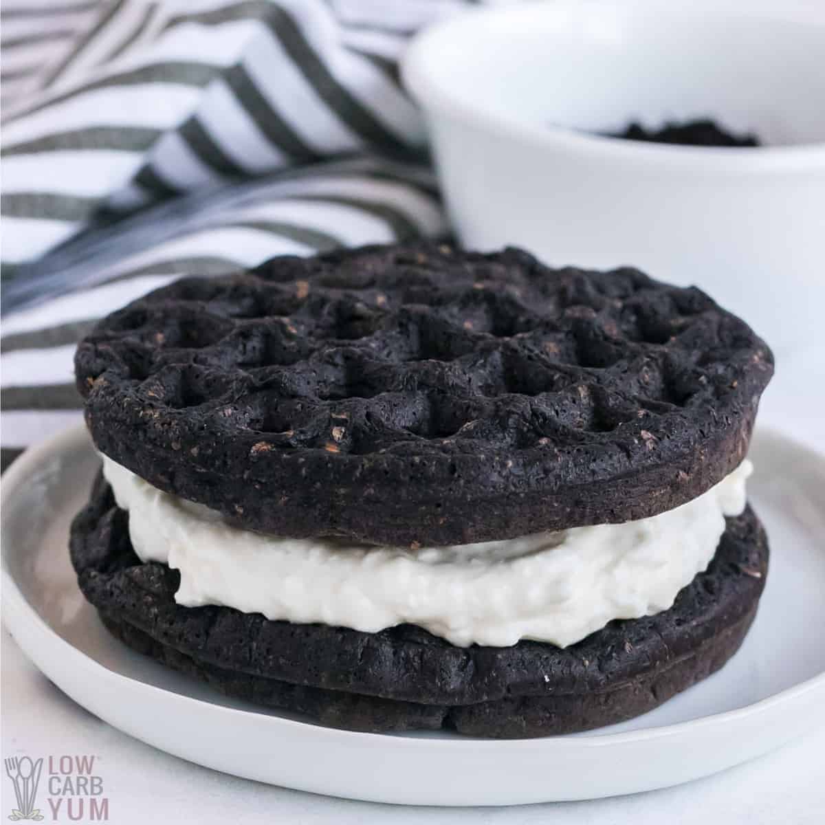 oreo chaffle on white plate side view