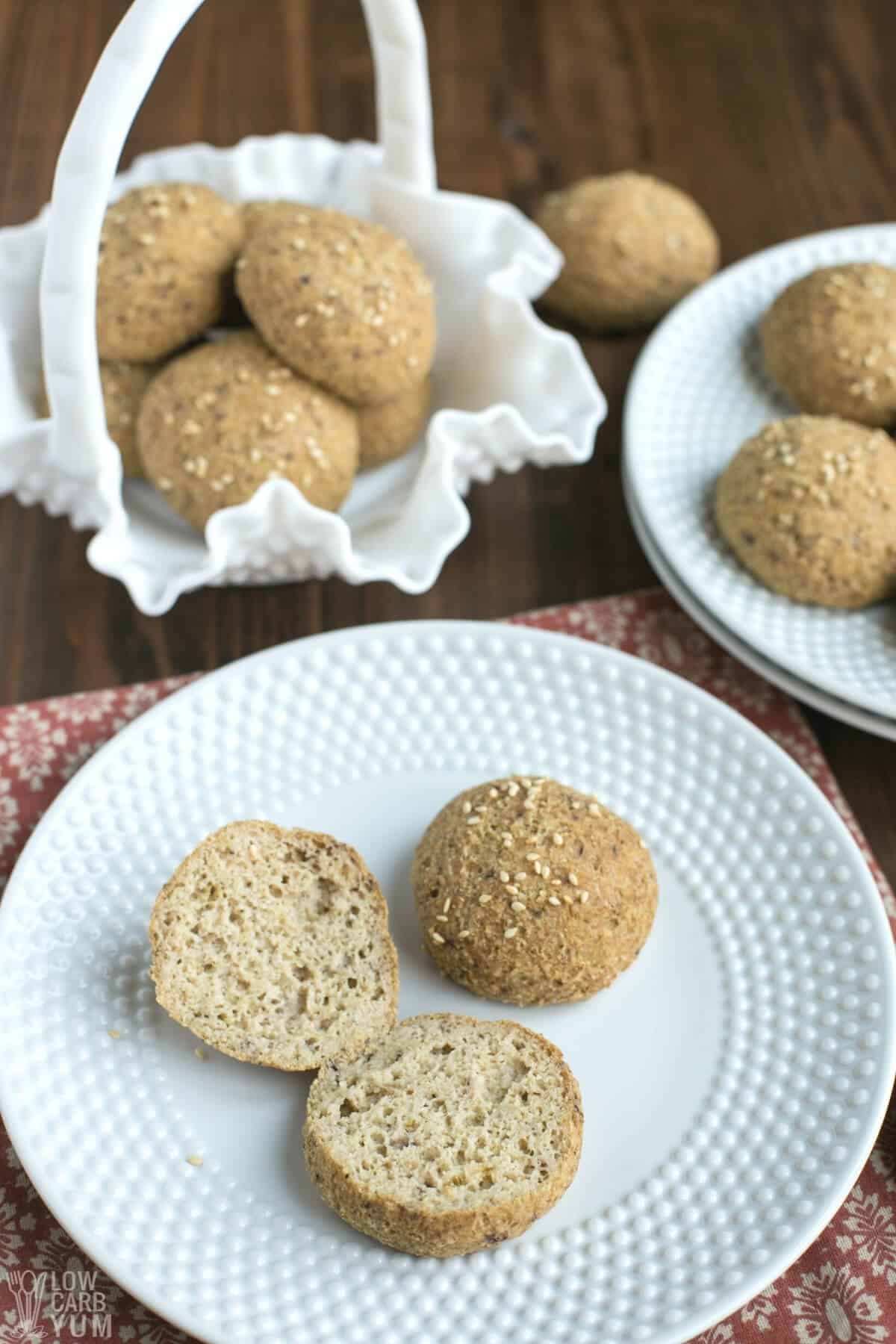 keto hamburger buns on white plates and basket