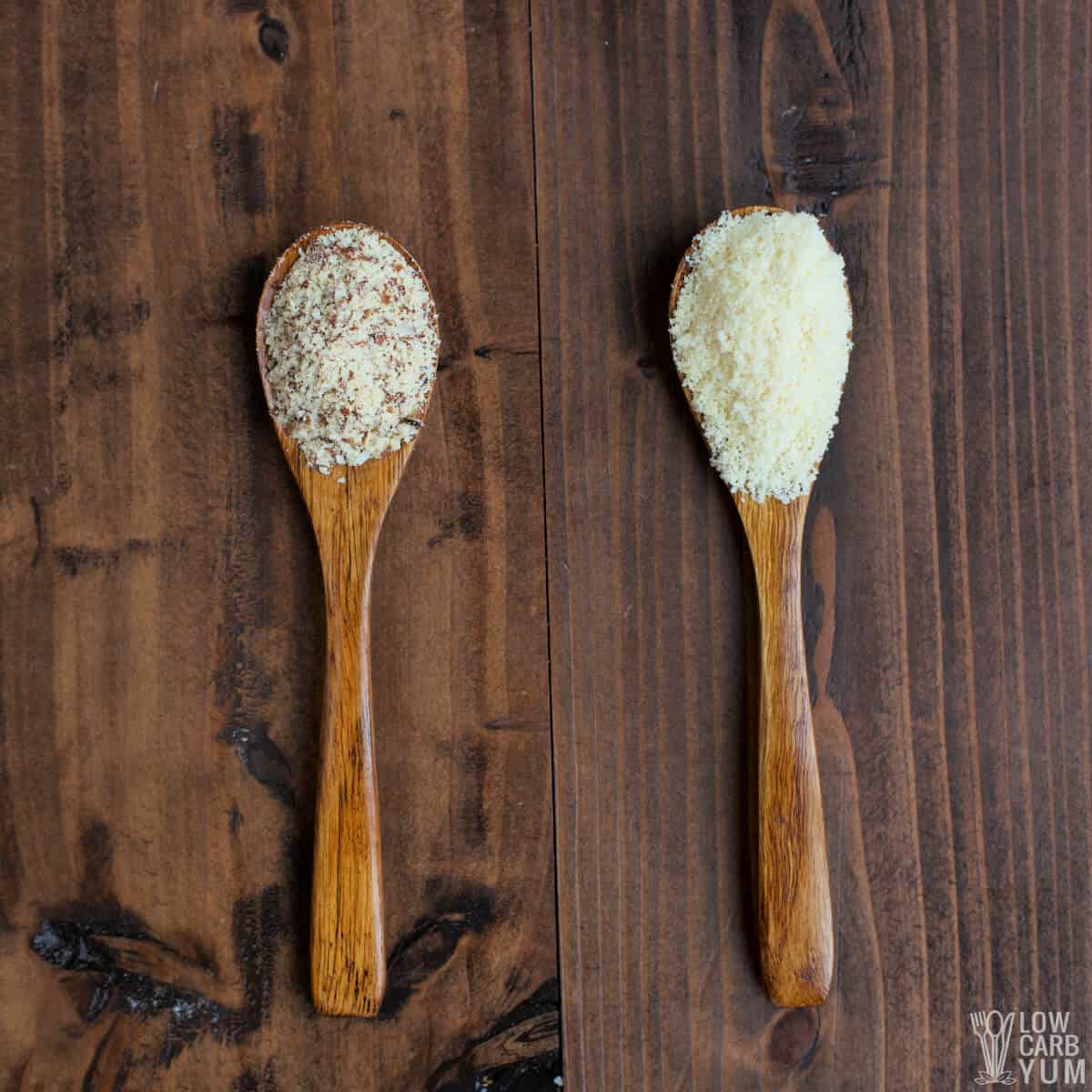 almond meal and almond flour in wood spoons