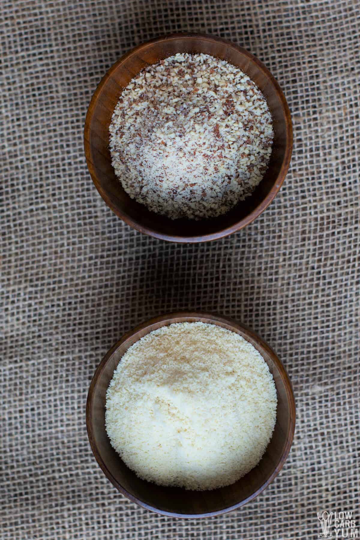 almond meal and almond flour in wood bowls