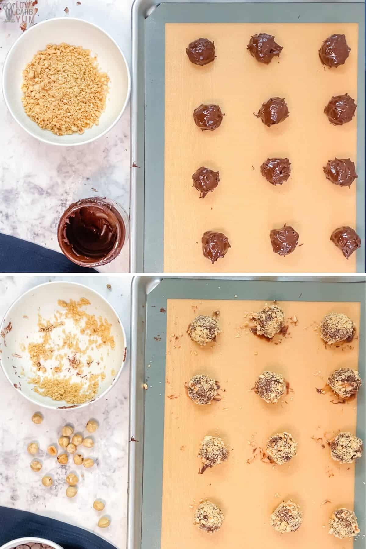 coating chocolate spread balls with hazelnuts