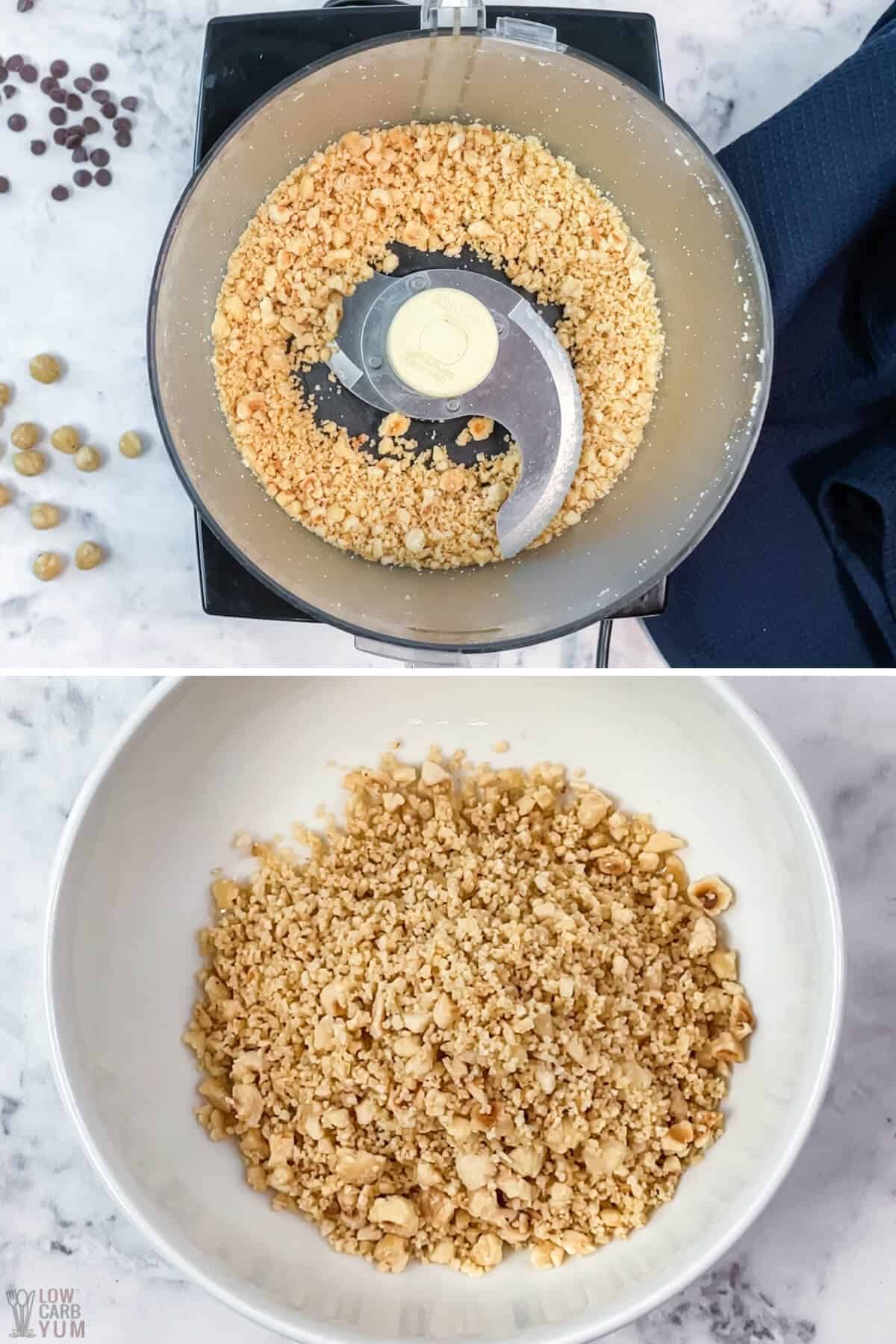 chopped hazelnuts in food processor and white bowl