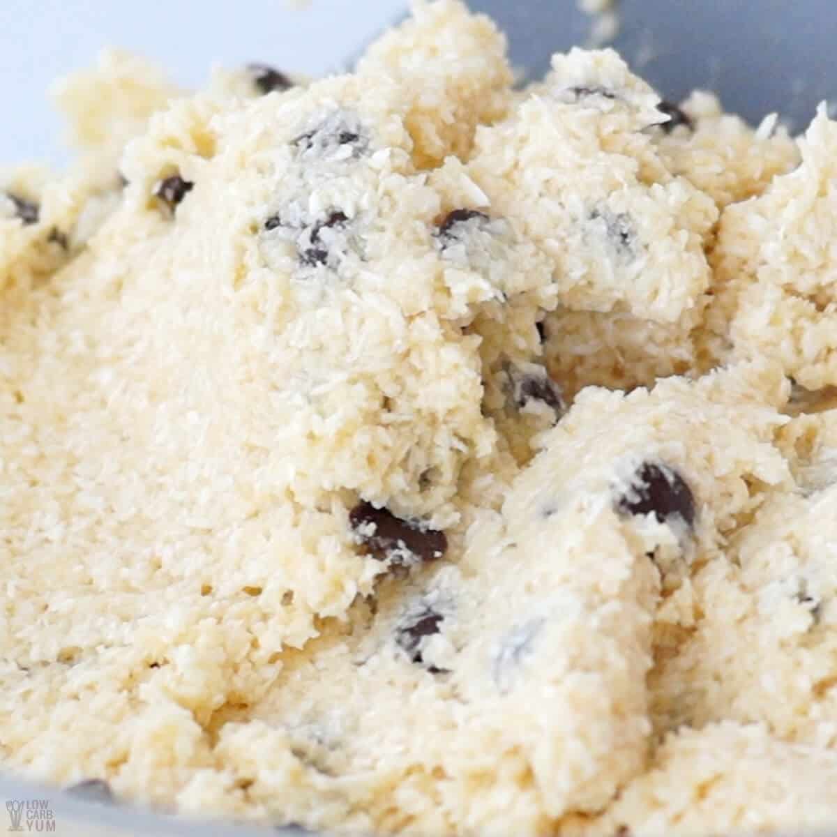 closeup of coconut chocolate chip cookie dough