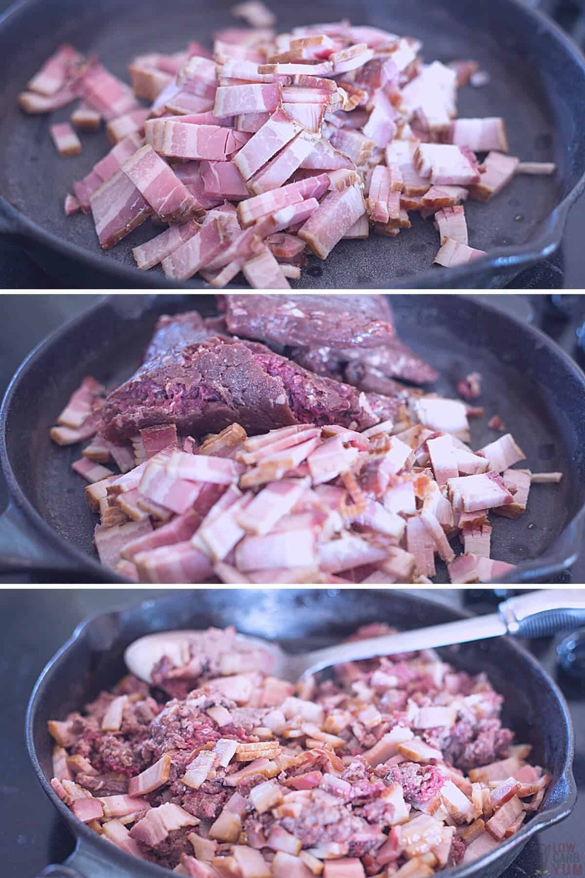 preparing ground beef and cooking it with bacon