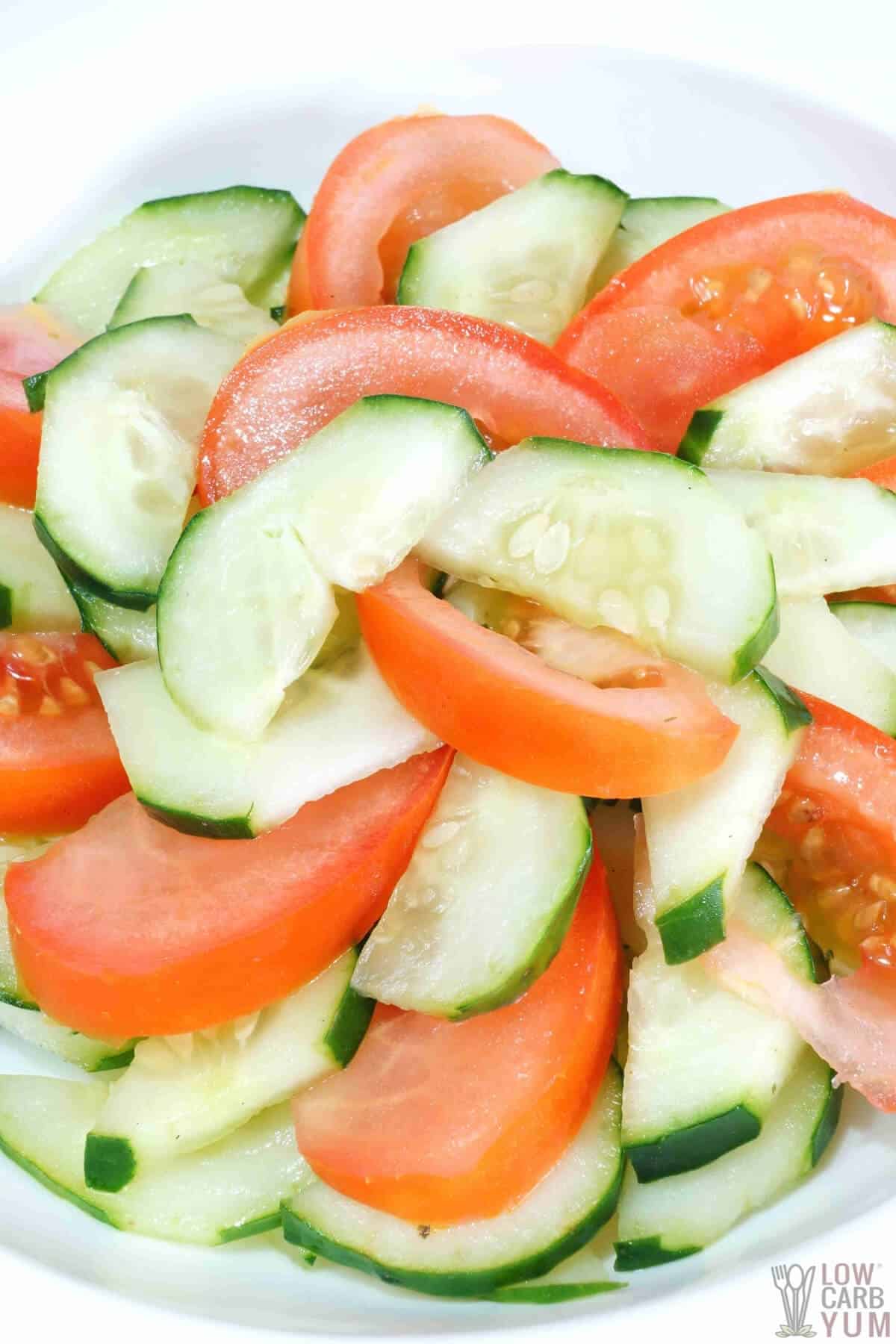 cucumber and tomato salad tall closeup