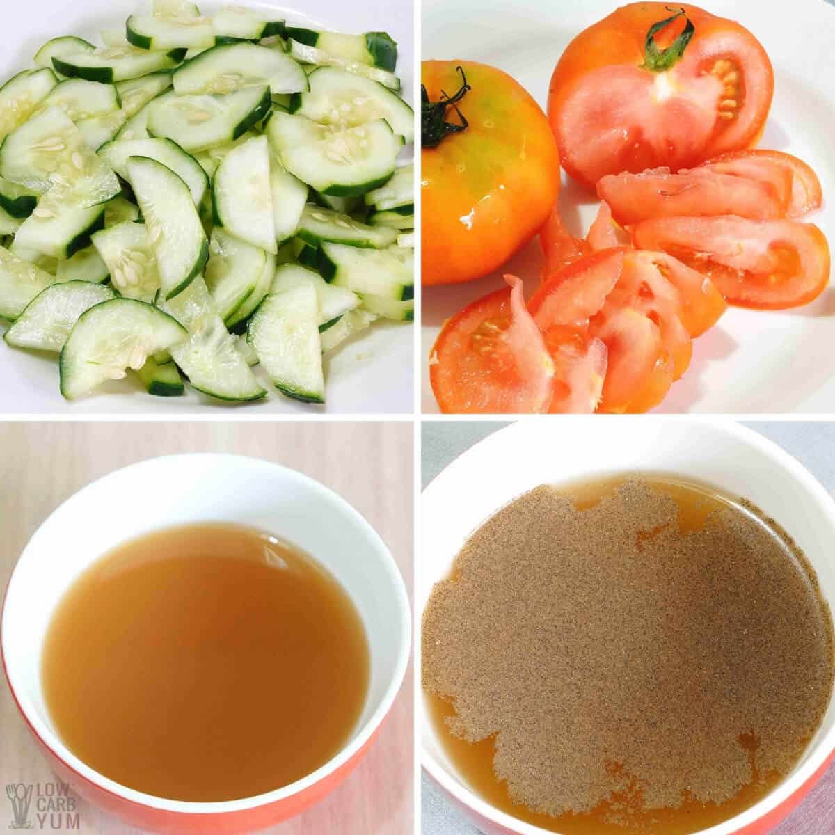 preparing cucumber tomato and dressing