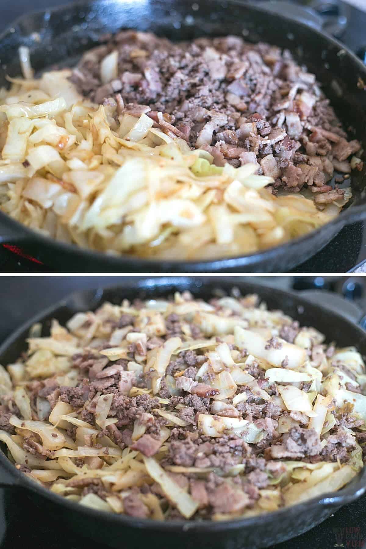 stir frying ground beef and cabbage in pan