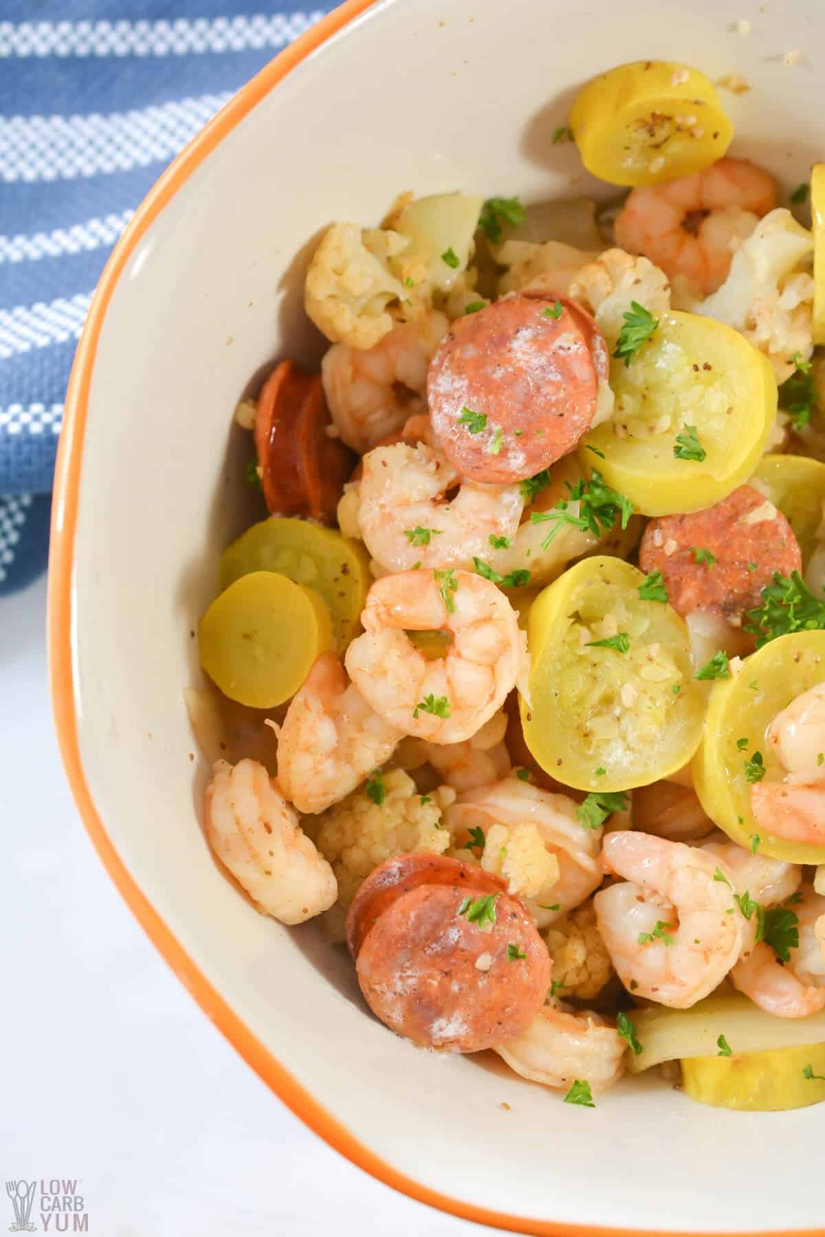 shrimp boil in bowl closeup