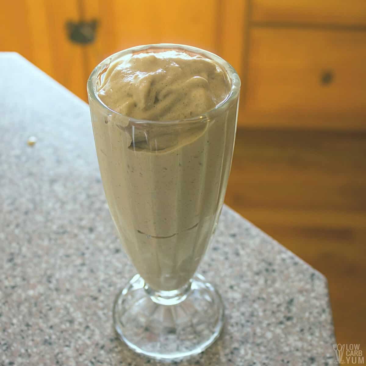 sugar free coffee milkshake in glass on counter