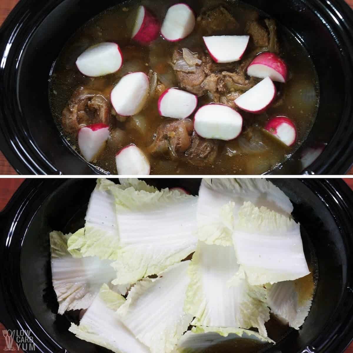 adding vegetables to beef soup