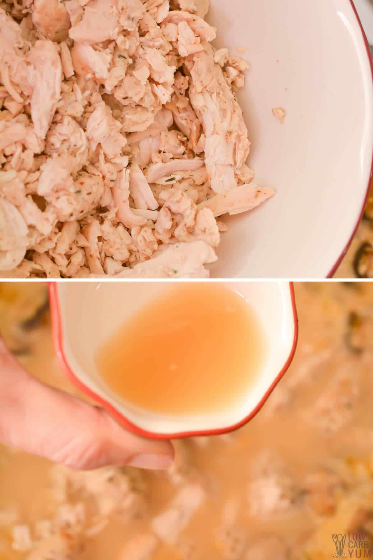 adding shredded chicken and lime juice