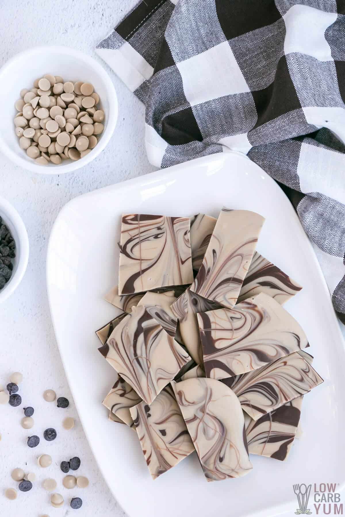 chocolate peanut butter bark on platter