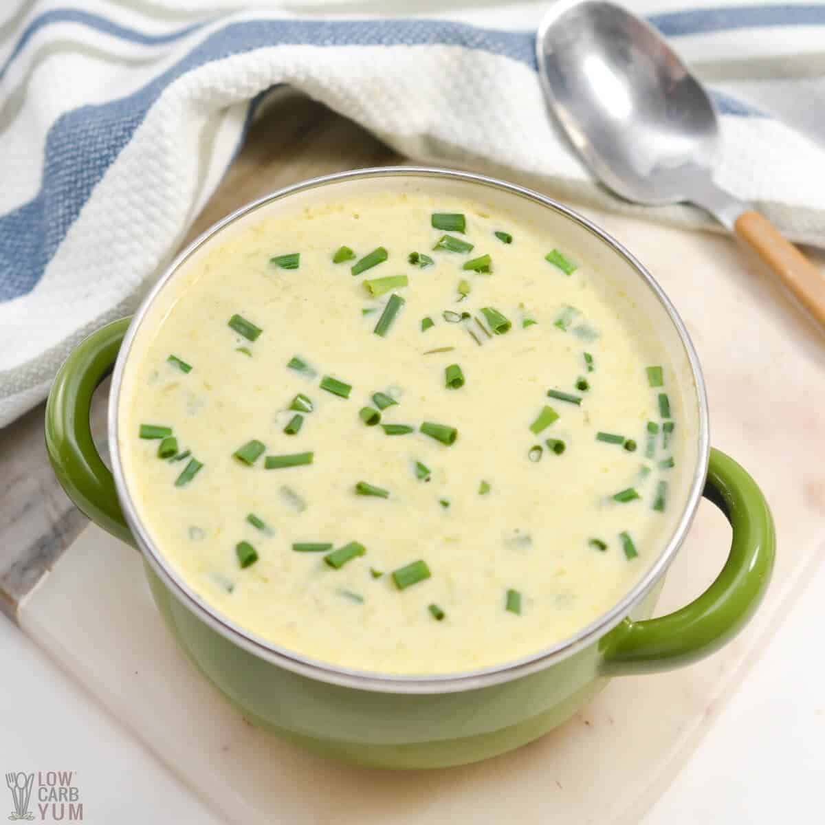 cream of asparagus soup in serving crock