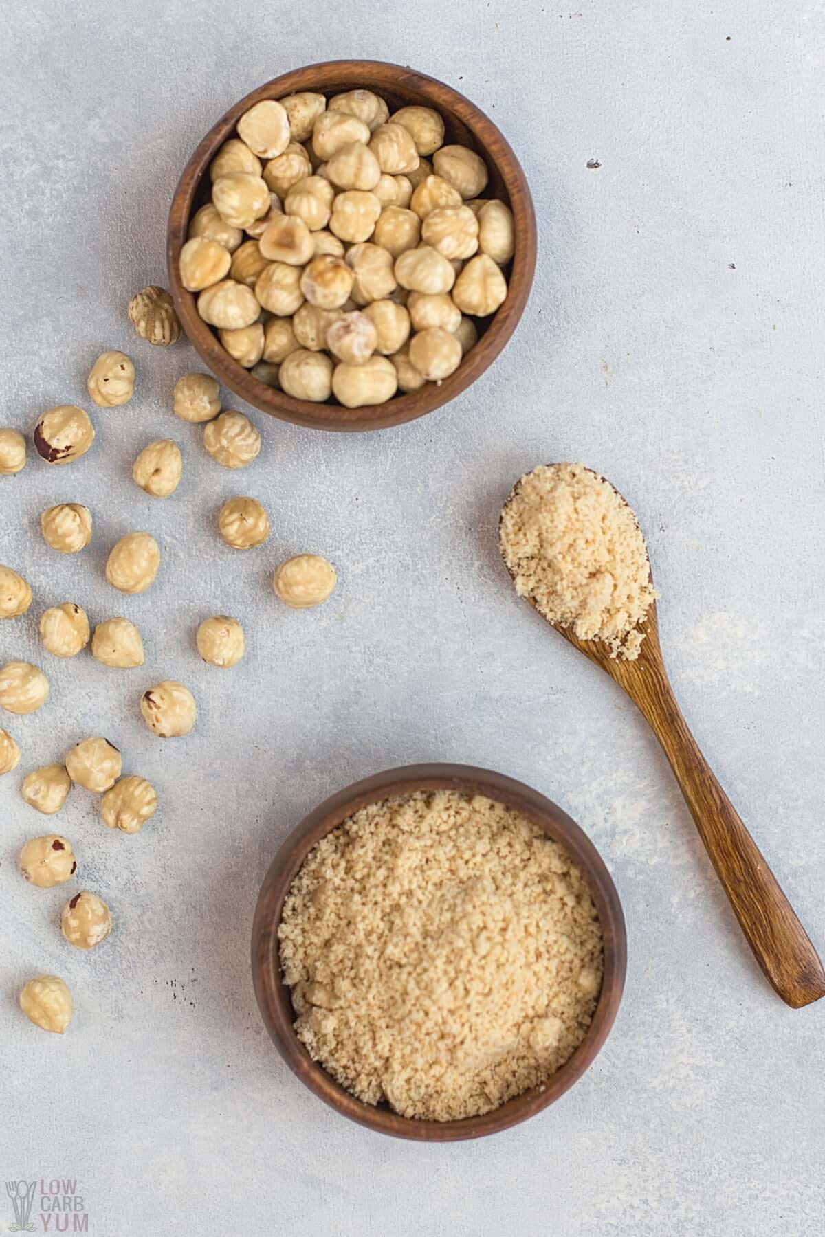 hazelnut nuts flour bowls spoon