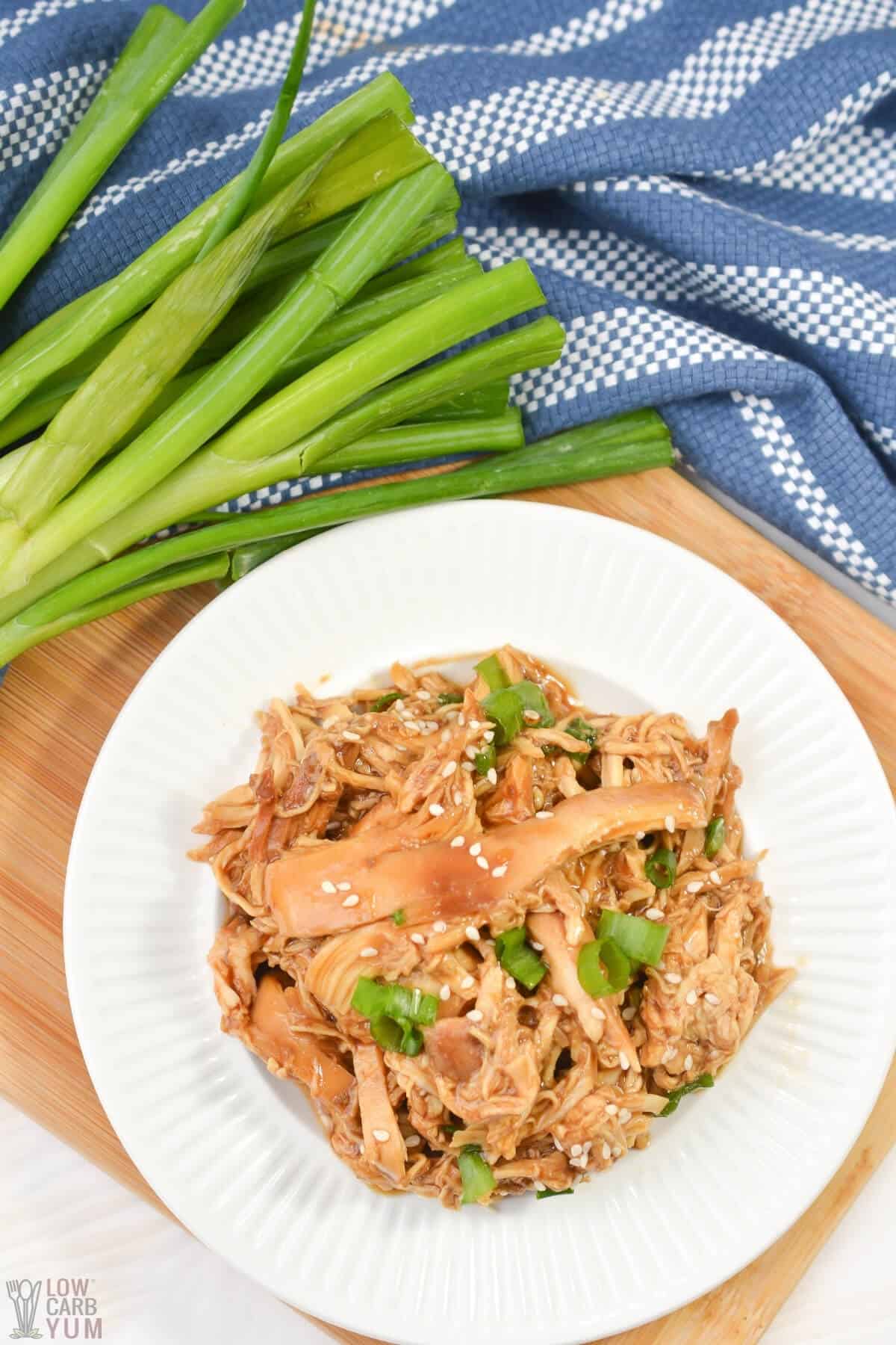 shredded keto crock pot teriyaki chicken on white plate