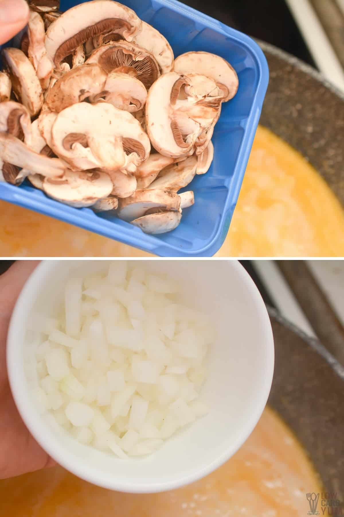 adding mushrooms and onions