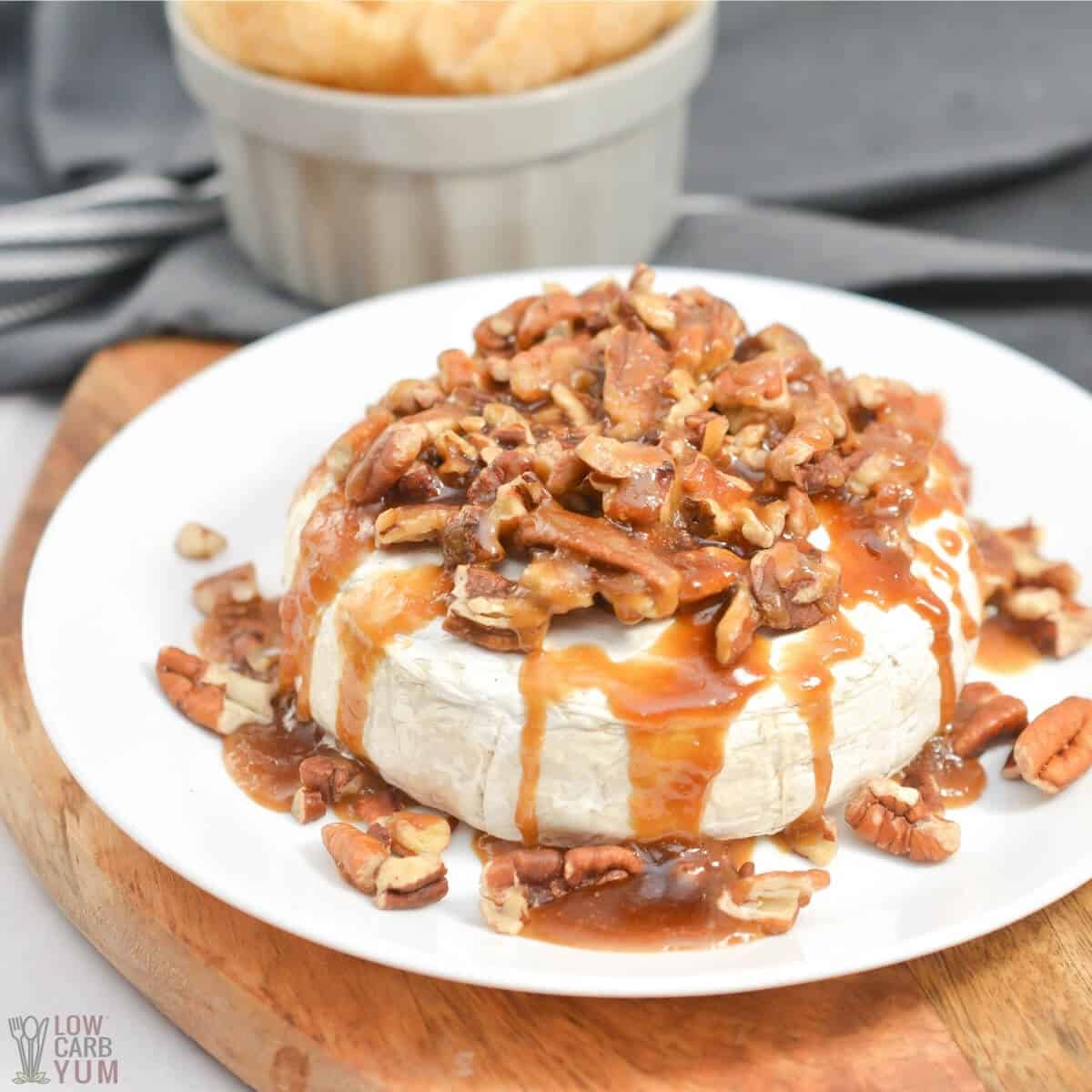 pecan baked brie on plate for low carb appetizers