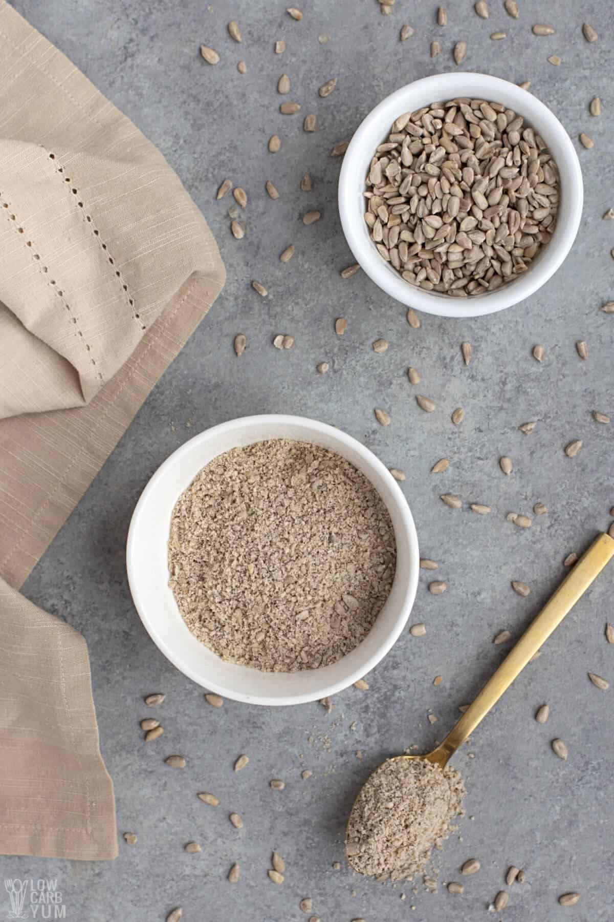 flour and sunflower seeds in bowls