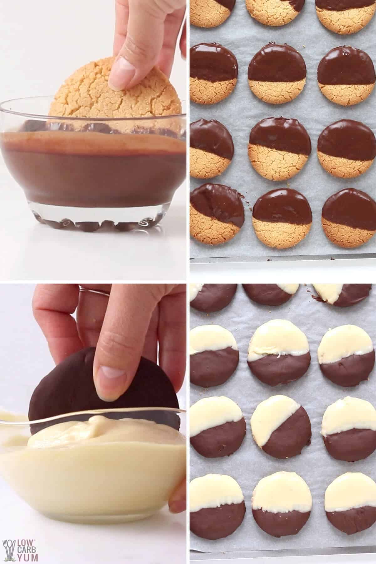 dipping baked cookies into melted dark and white chocolate