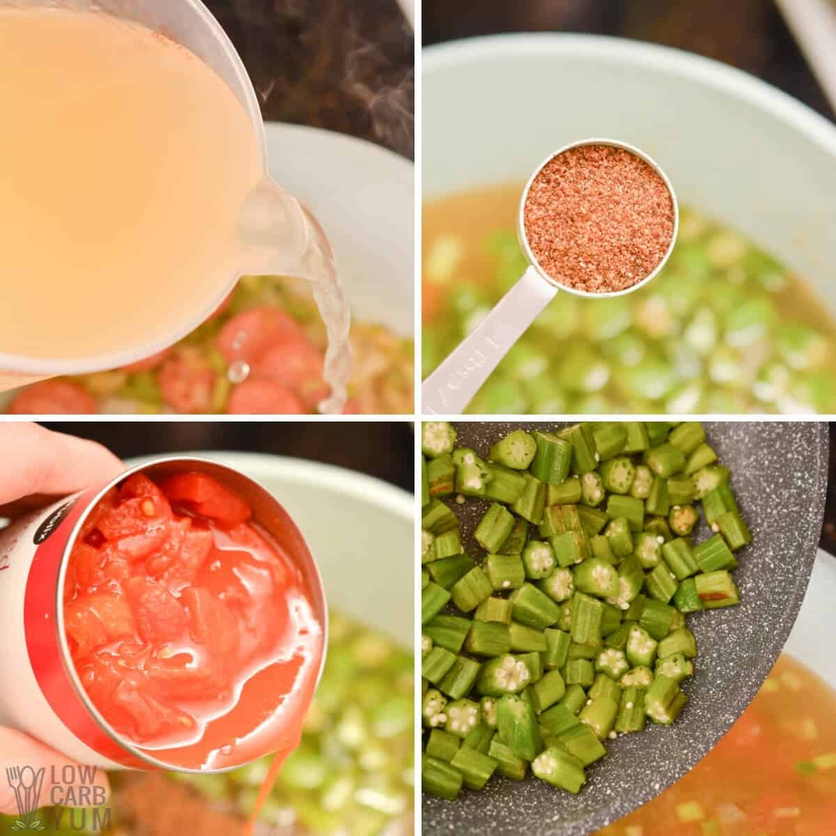 adding broth cajun seasoning tomatoes and okra