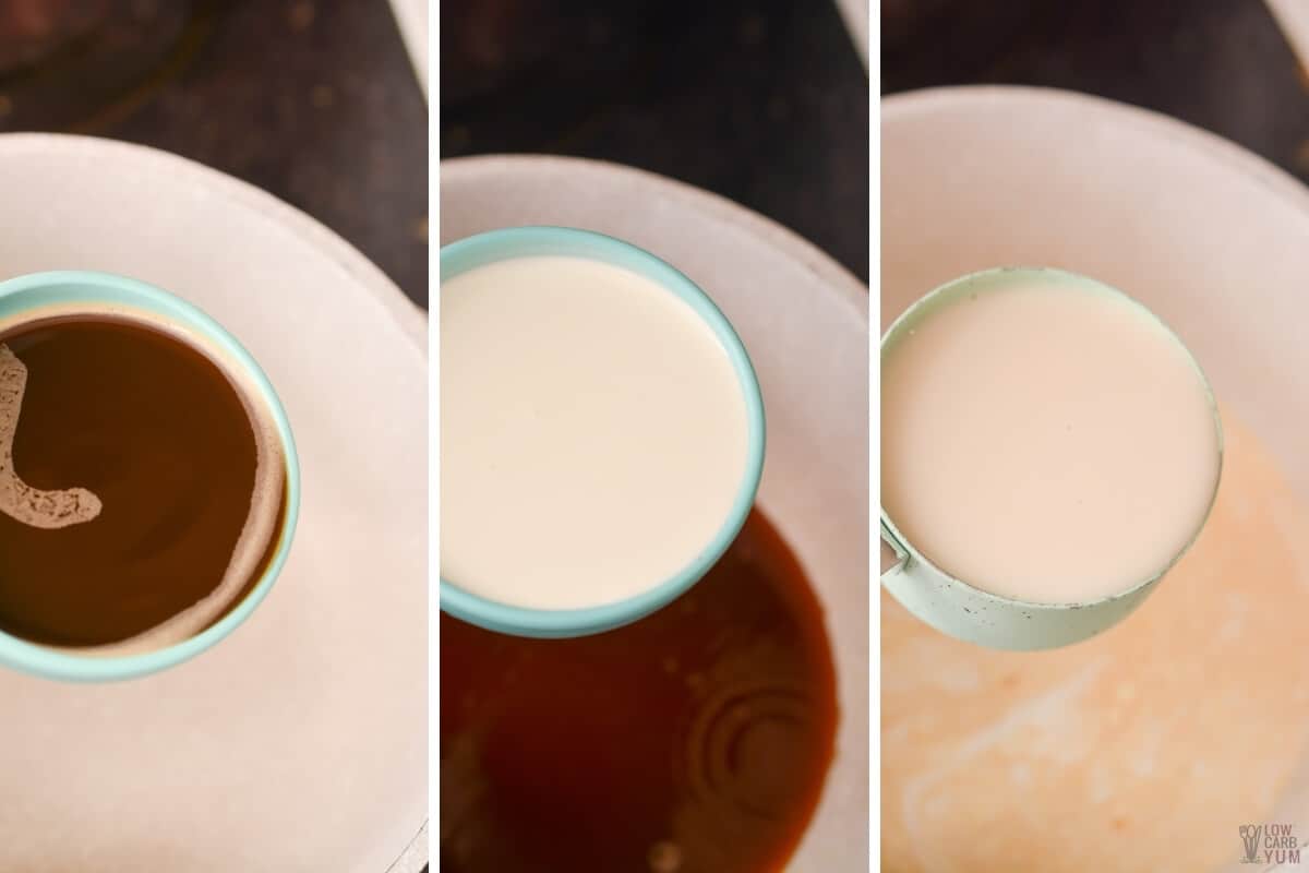 adding coffee cream and almond milk