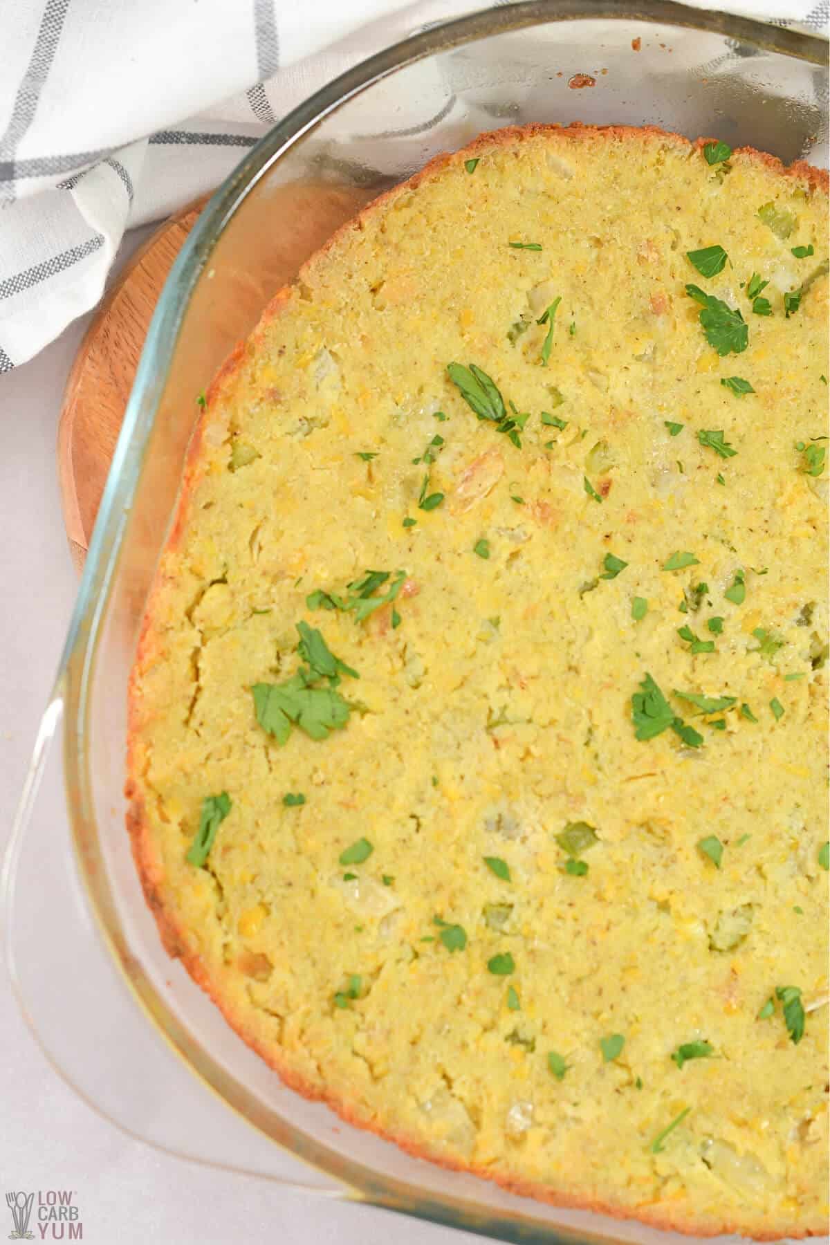 overhead of cornbread dressing in baking pan