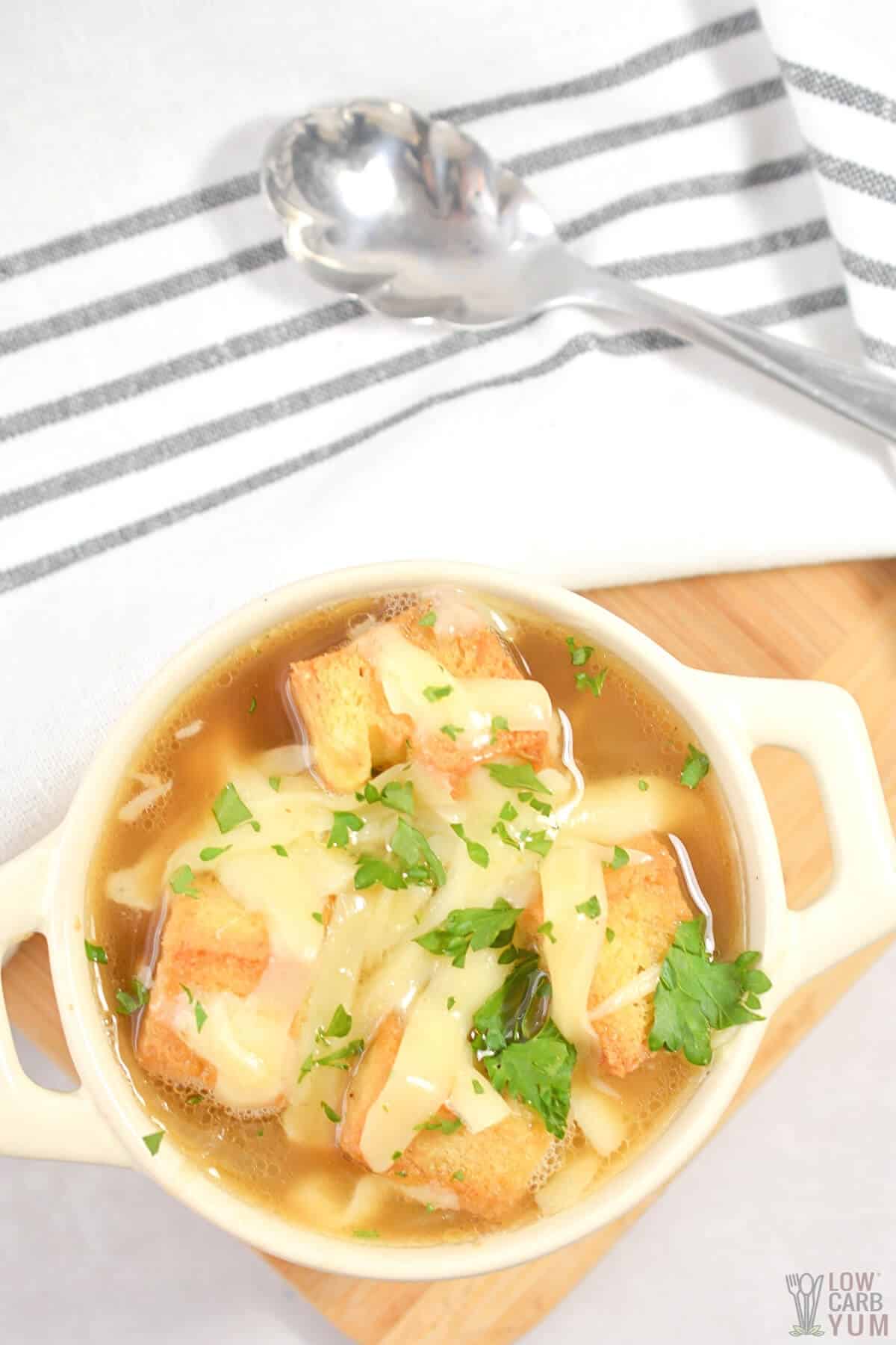 serving of soup in small crock bowl