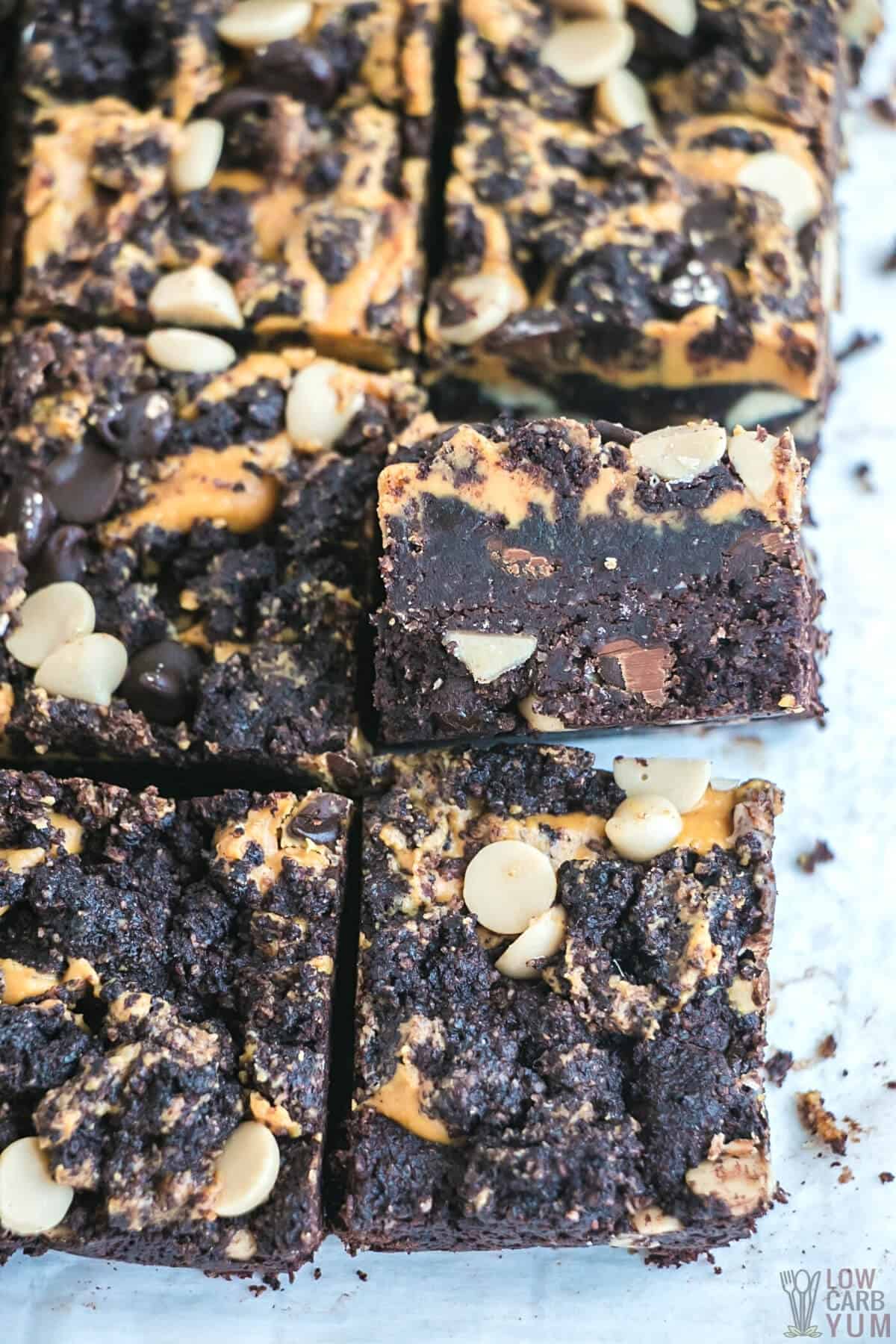 keto peanut butter brownies cut into squares