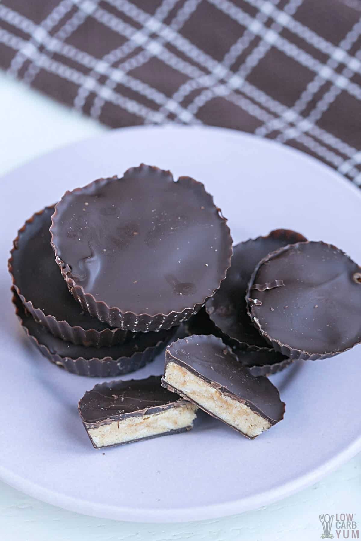 keto peanut butter cups on light purple plate