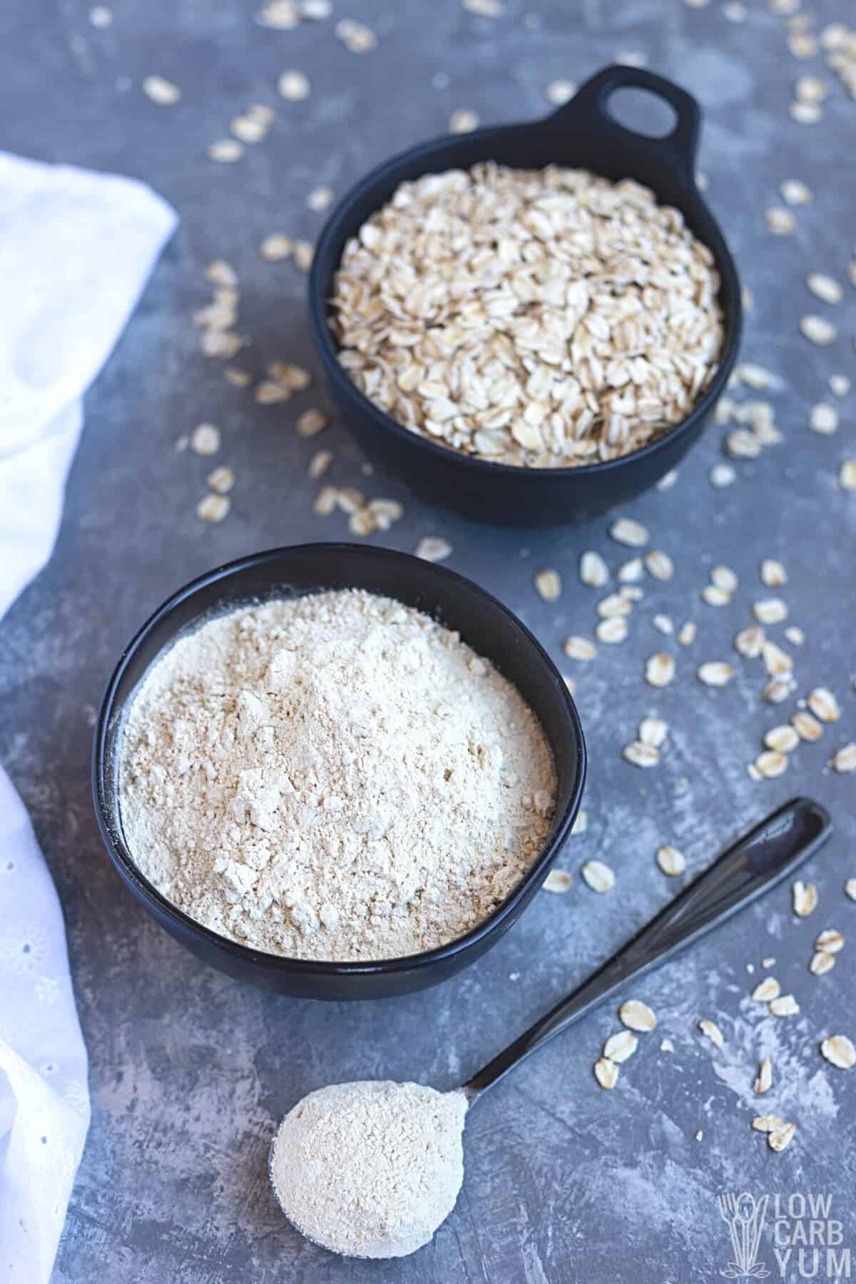 oat fiber in bowl and spoon with oats