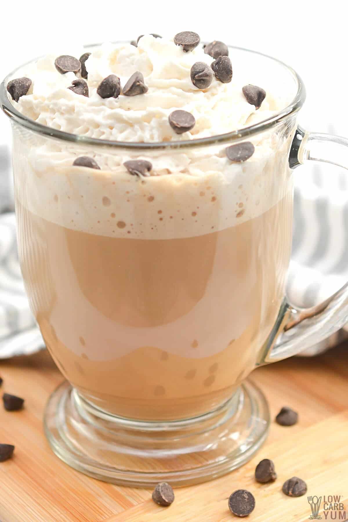 peppermint mocha latte in glass mug