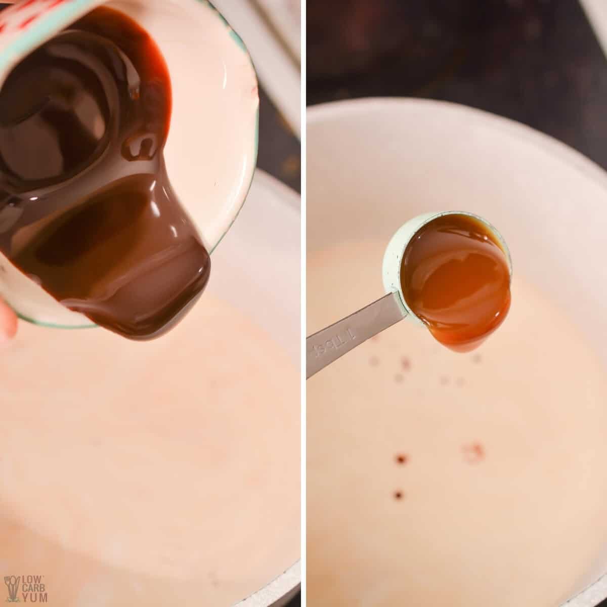 adding salted caramel and chocolate syrup