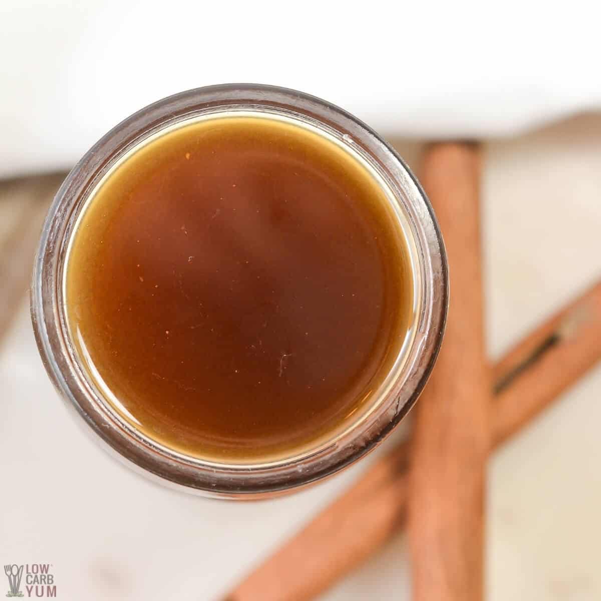 sugar free cinnamon dolce syrup in mason jar overhead shot