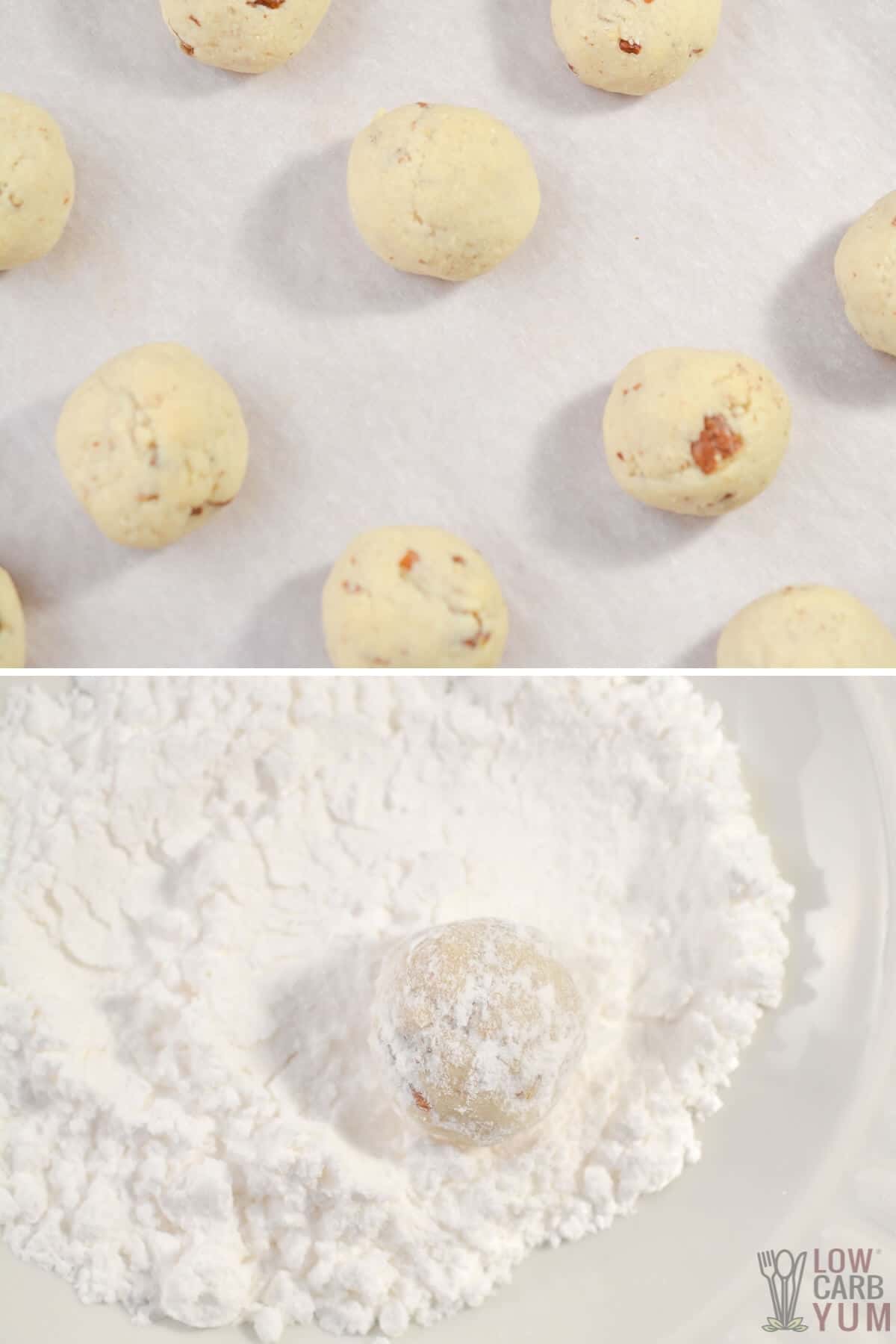 coating the baked cookie balls in powdered sweetener