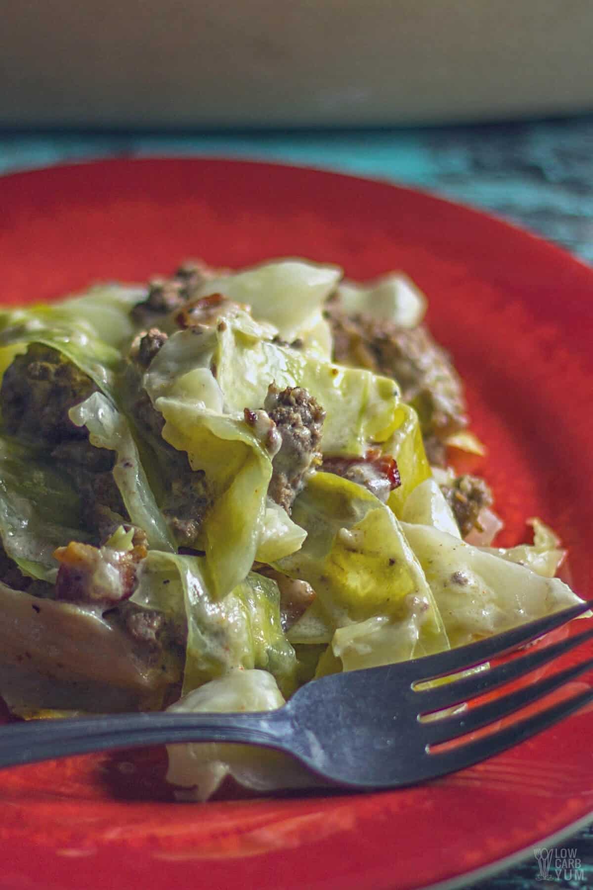 serving of creamed cabbage ground beef casserole on red plate