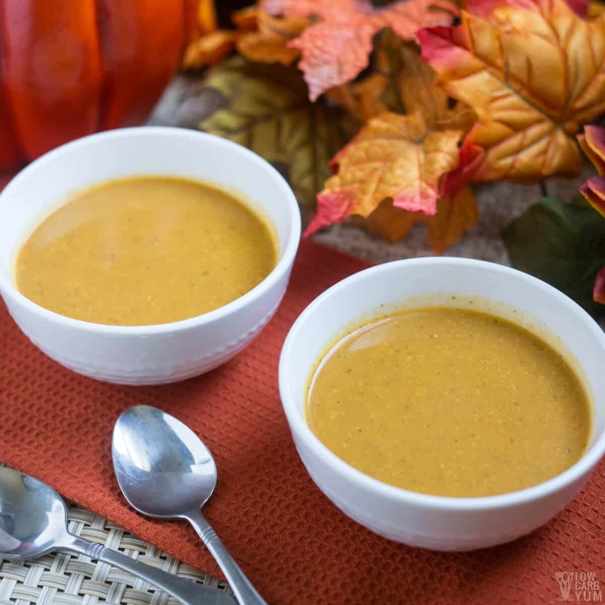 creamy pumpkin soup in bowls