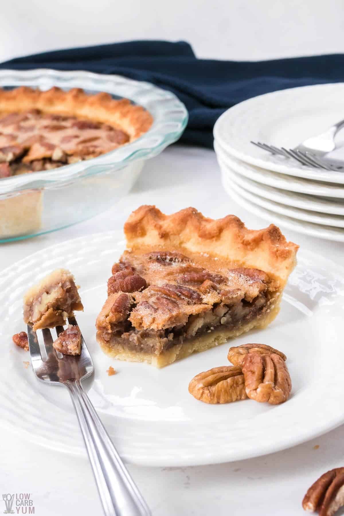 low-carb pecan pie serving slice on white plate
